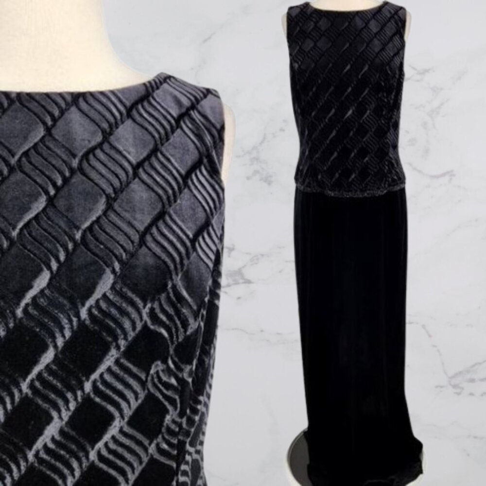 Scott McClintock Black Crushed Velvet Maxi Dress Gown Back Slit Size 16